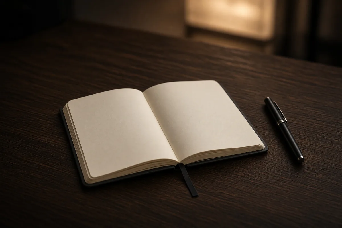 A notebook and pen on a dark wooden desk