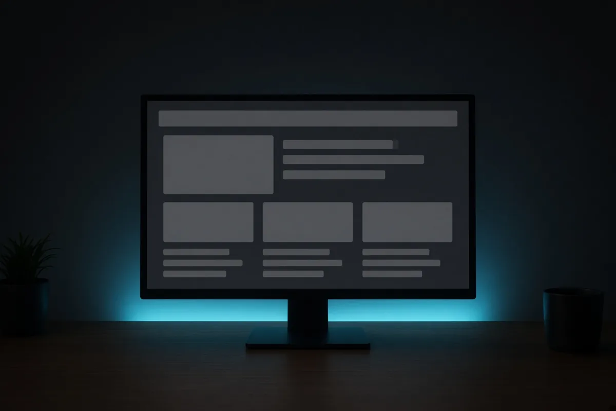 A monitor in a dark room showing a simple page layout