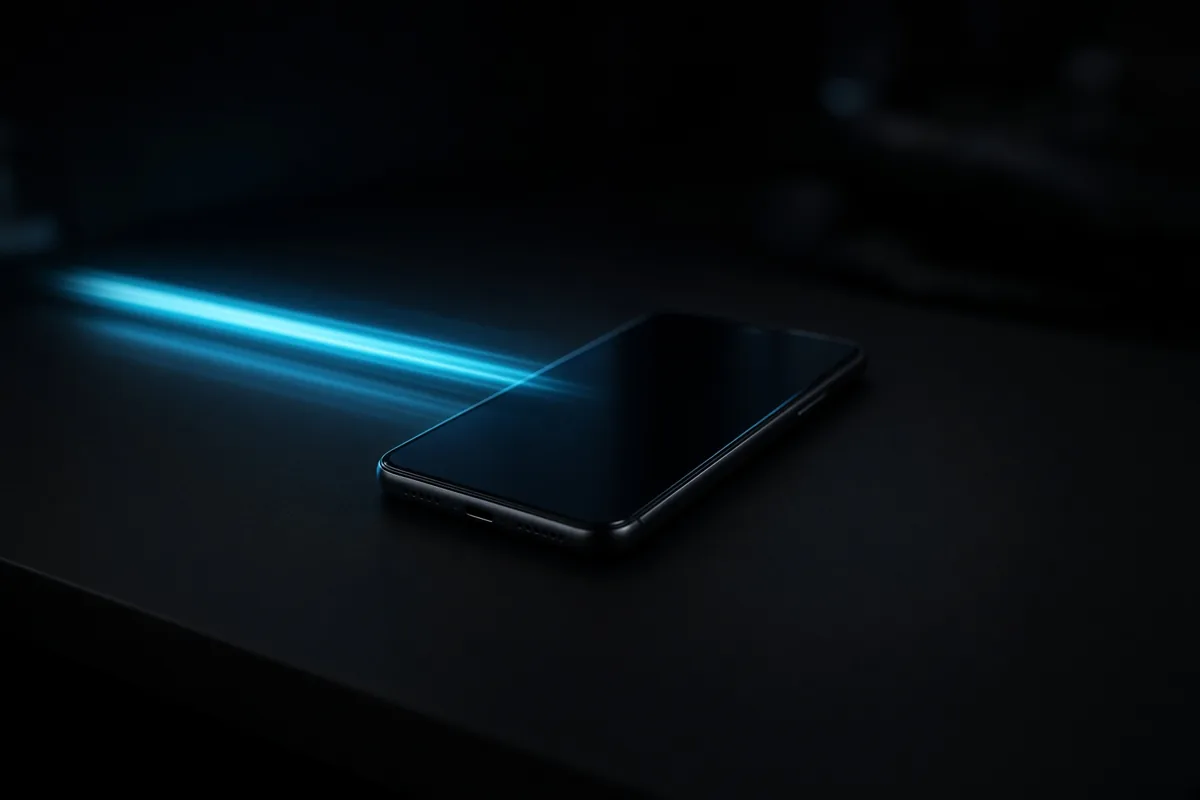 A phone on a dark desk with a streak of light